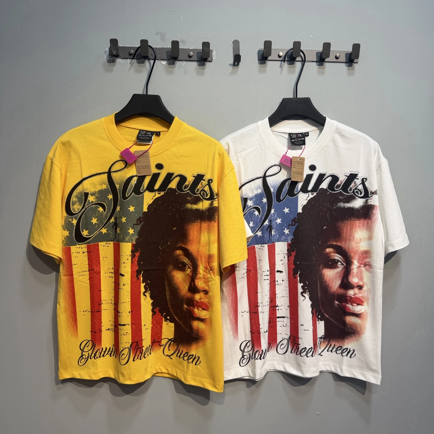 SAINT Yellow White American Flag Print T Shirt Men Women High Quality Tee Tops T-Shirt
