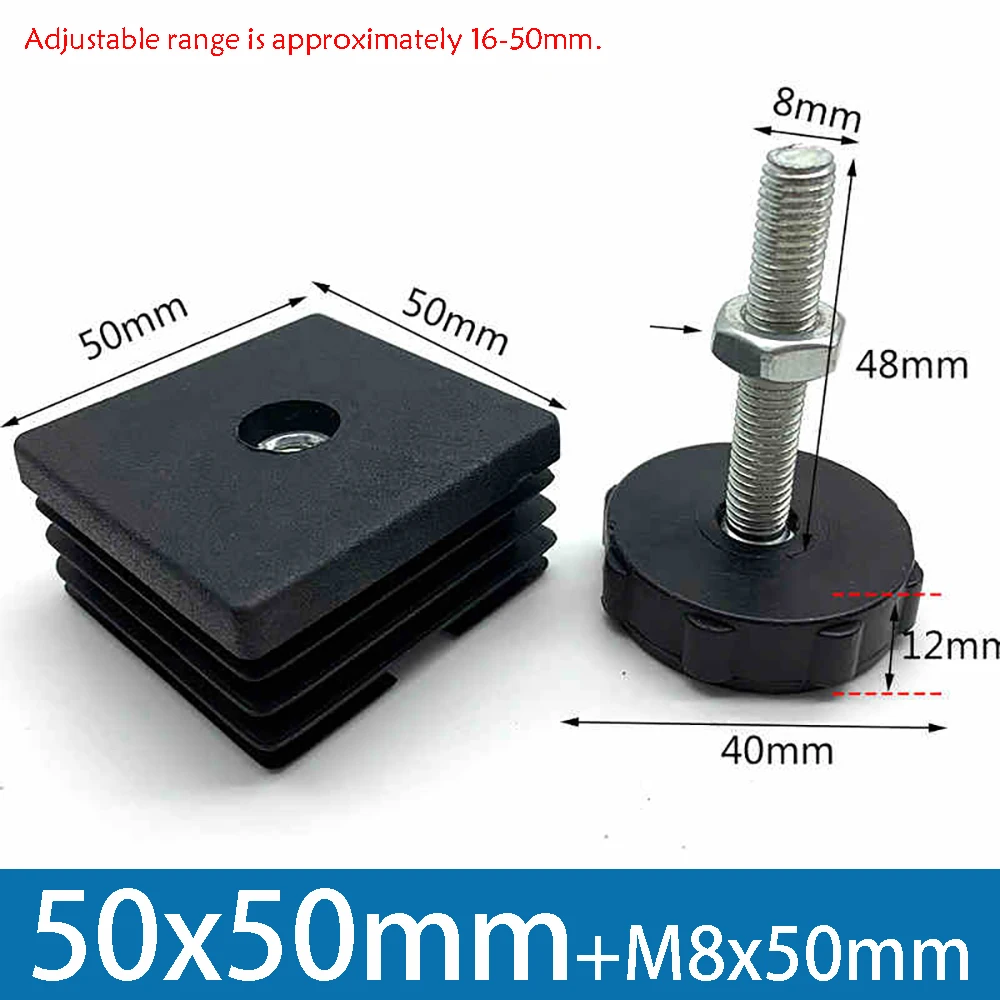 1-10 Stuks Tafelpoot Plug Met Moer en Verstelbare Voeten M8/M0x50/100mm Zwart Vierkant/Rond Meubilair Rek In Hoogte Verstelbare Voet Cup