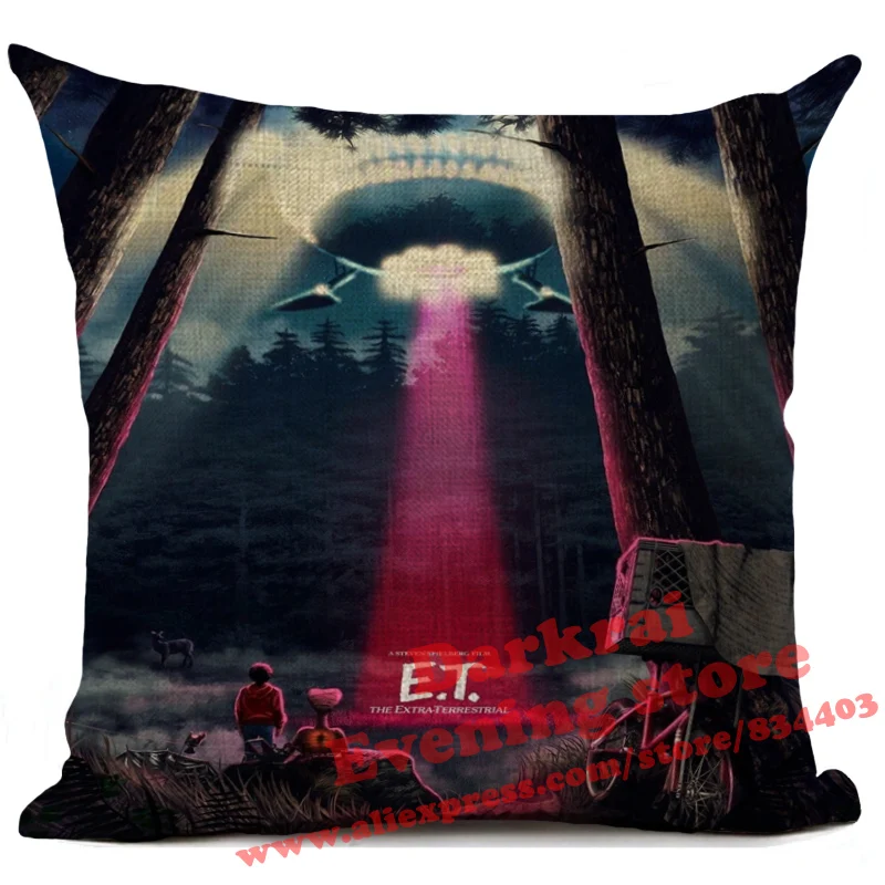 Póster de película clásica E.T. Funda de cojín de lino para decoración del hogar, funda de almohada decorativa Retro para sofá y coche