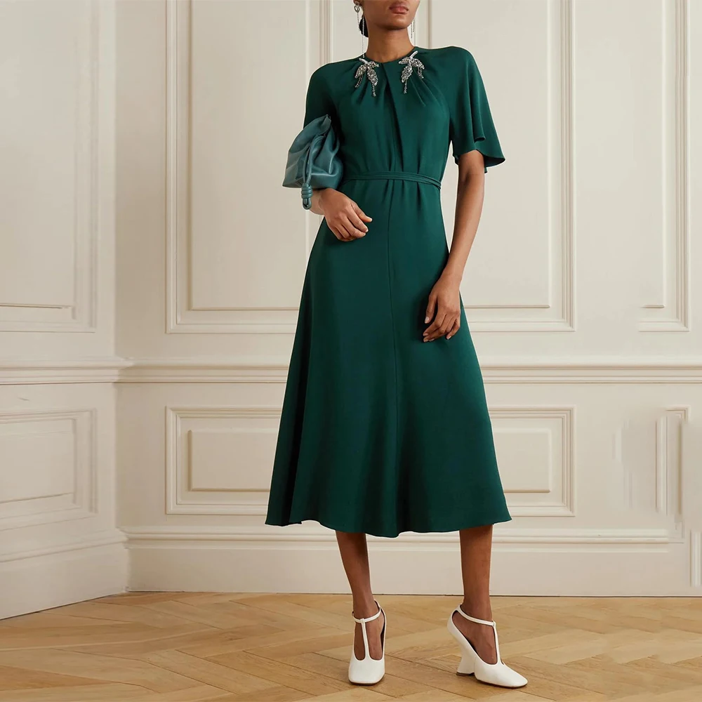 

Modern Green Evening Gown A Line Short Lantern Sleeves Prom Dress O Neck Saudi Dress Tea Length Formal Party Dress