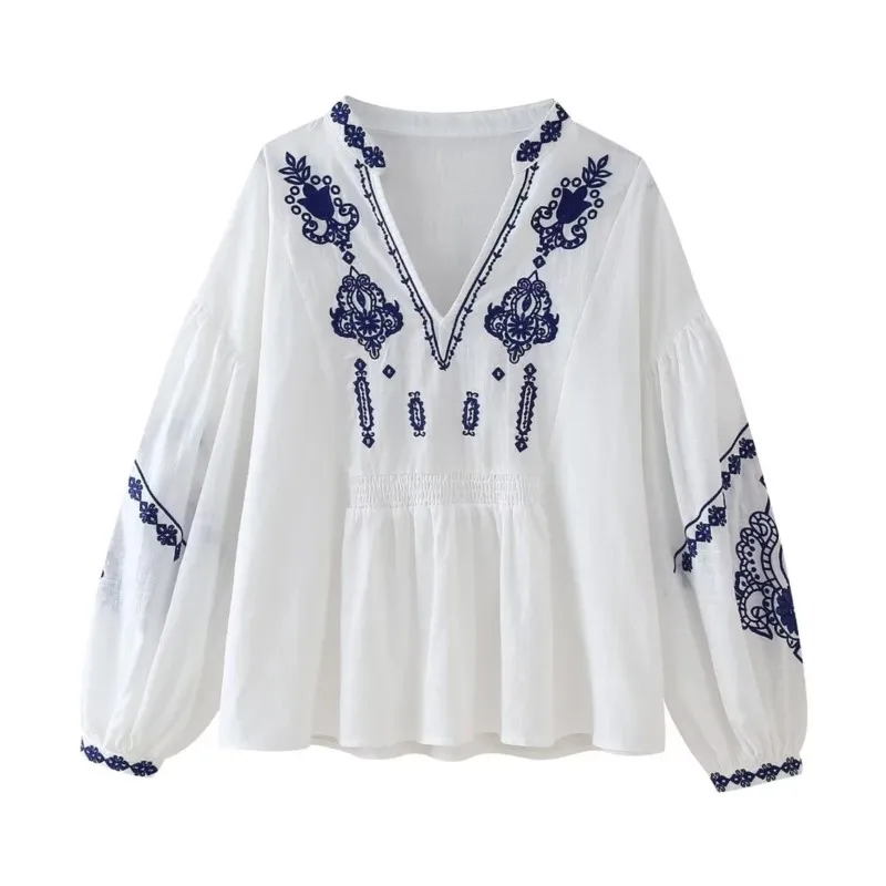 

Elegant Blouse for Women Summer European and American Style Beads Cropped Long Sleeve Women Clothing Casual Blouses