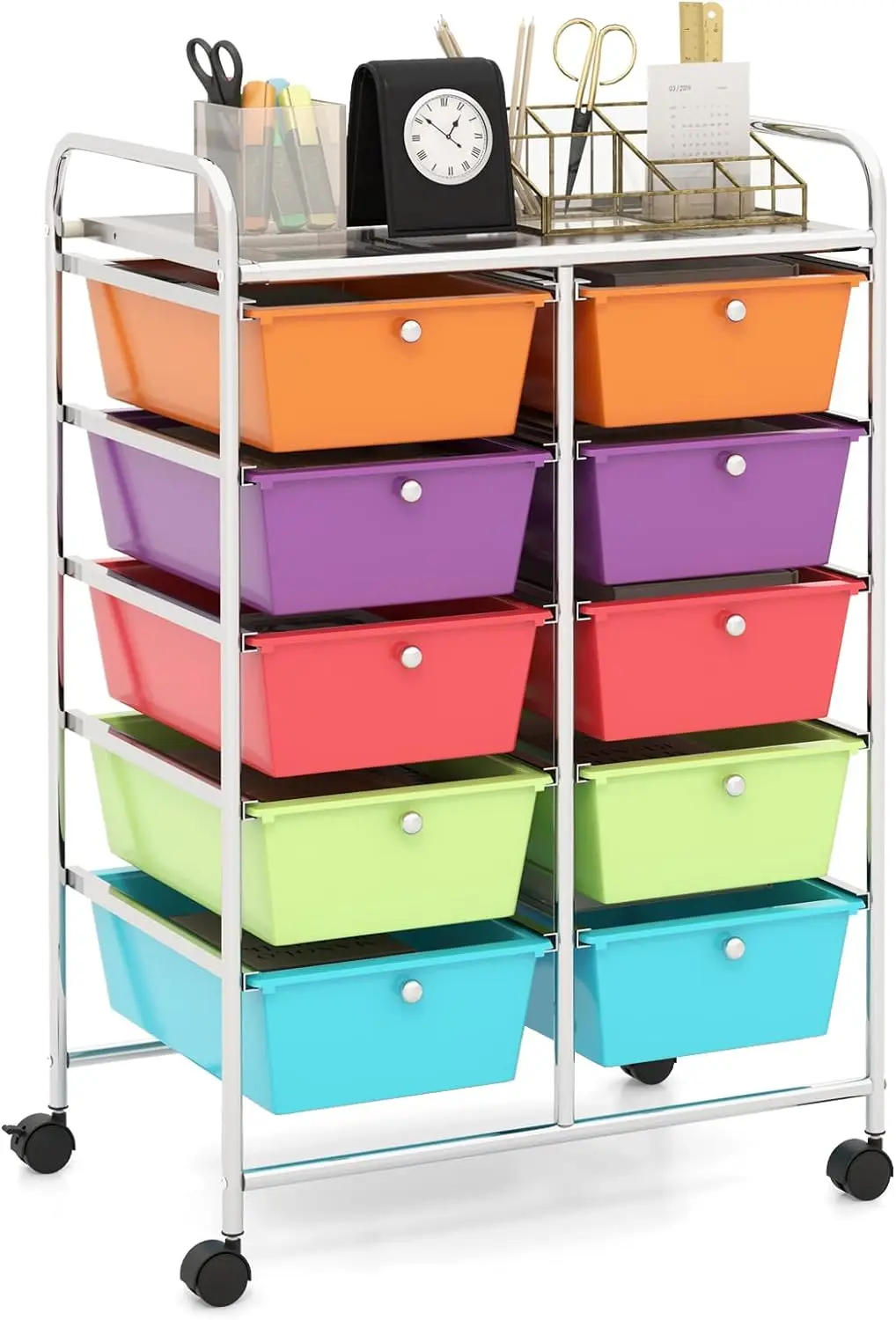 

10-Drawer Rolling Storage Cart, Storage Organizer Cart with Lockable Wheels, Beauty Salon Movable Utility Cart for School