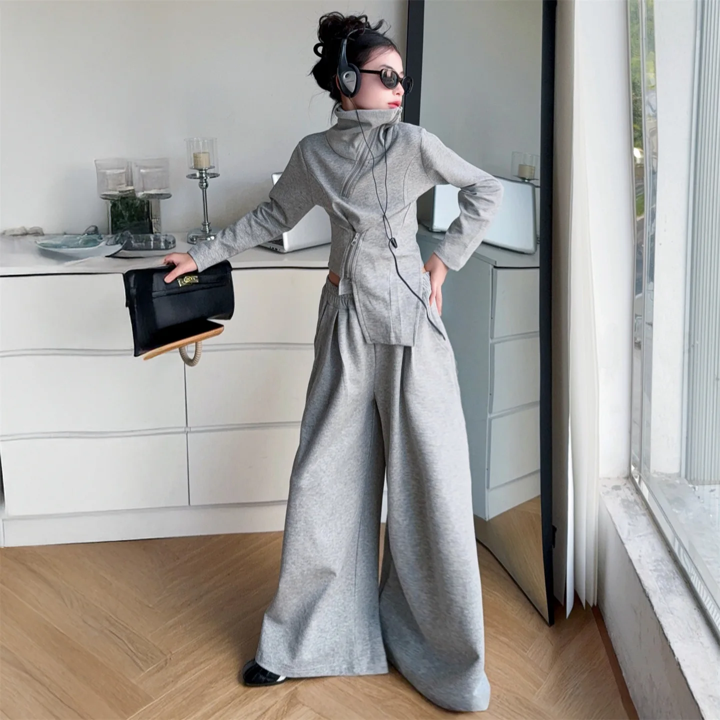 

Children Girl Two-piece Set Autumn School Girls Turtleneck Irregular Top Junior Girl Elastic Waist Wide Leg Pant Kid Girl Outfit