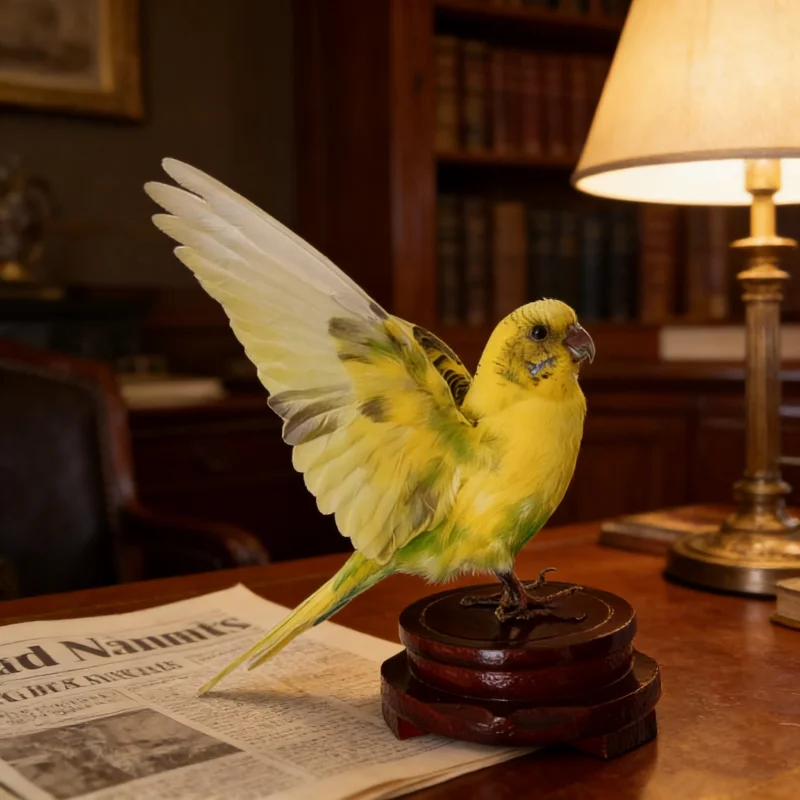 Real Budgie Parakeet Taxidermy Mount With Wooden Base | Yellow Budgerigar Full Bird Specimen, Dark Academia Desk Decor