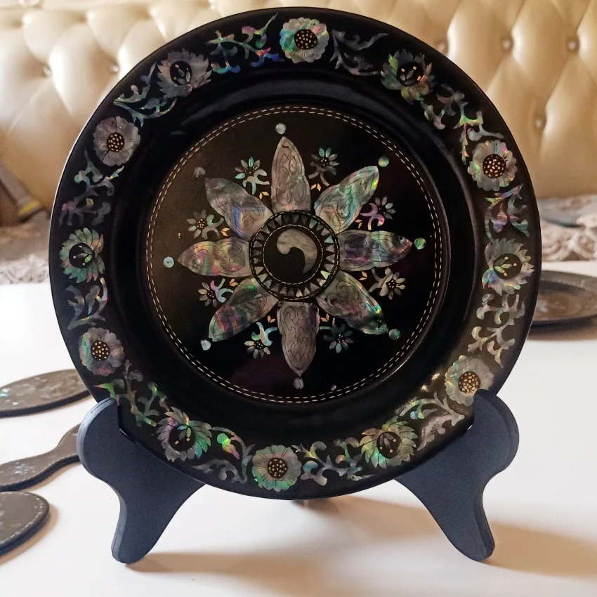 Handmade Mother-of-Pearl Inlaid Lacquer Plate, Traditional Chinese Lacquerware Dish, Fruit Tray Tea Cup Saucer Home Ornament
