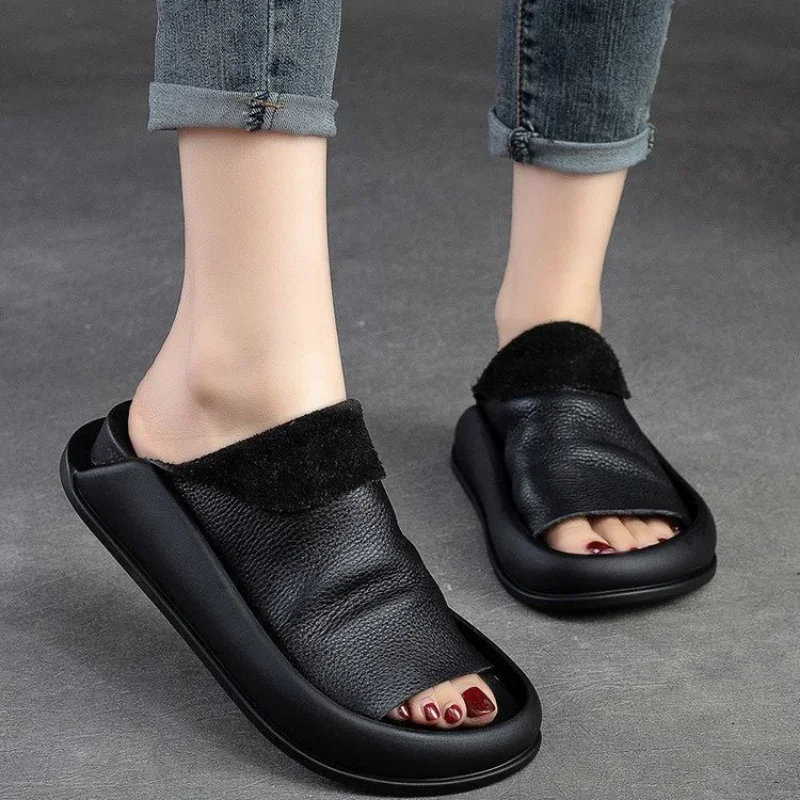 Cool Slippers for Women Summer 2023, New Vintage Soft Pu Leather Solid Color Half Trailer Casual Platform Slip on Slides Sandals