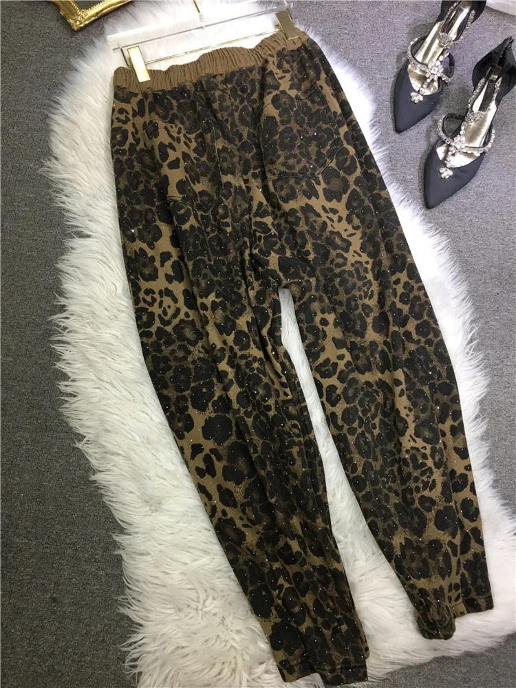 Productos europeos, industria pesada, pantalones Harlan de lujo con diamantes calientes, pantalones casuales de cintura elástica para mujer, pantalones nuevos de otoño con estampado de leopardo