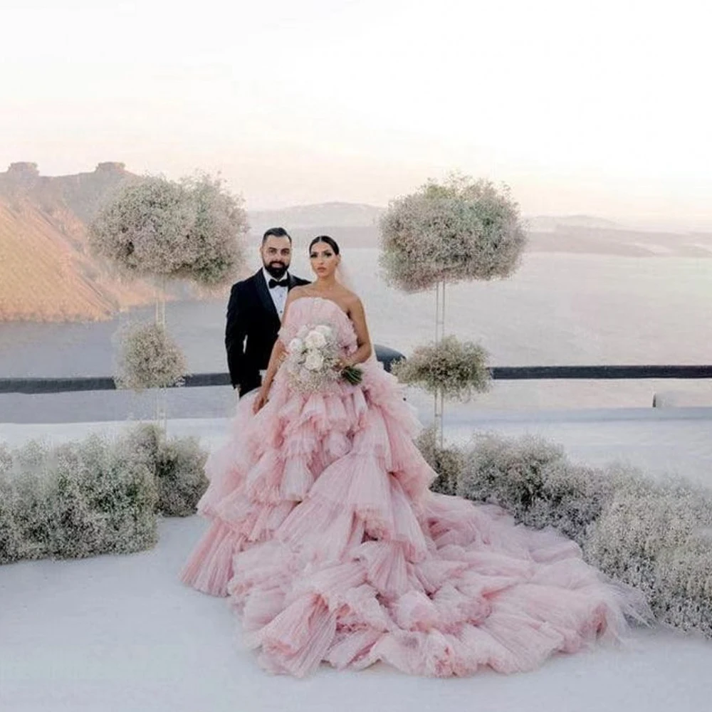 

Dreamlike Wedding Gowns Beaded Sash Arabic Tiered Bridal Dresses Ruffled Women Party Dress Extra Puffy Ball Gown Sleeveless