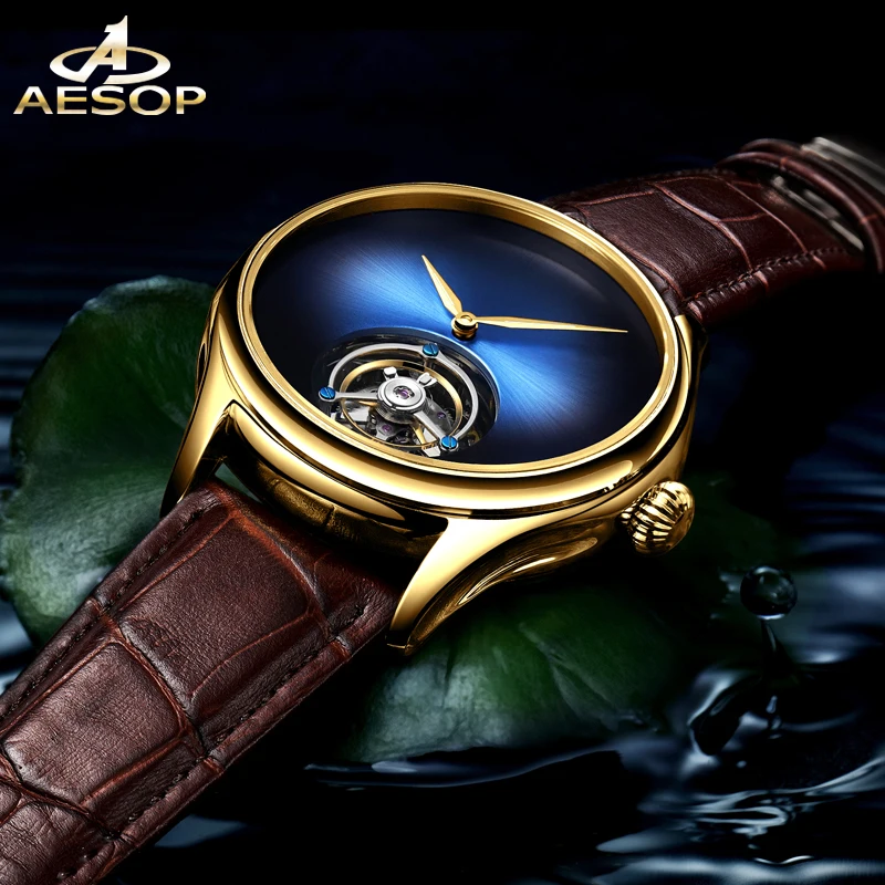 AESOP Tourbillon Mechanical Men\'s Watch Simple Advanced Leisure Business Waterproof with Double sided Gemstone Glass Watch