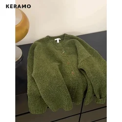 2024 Autumn Vintage Fashion Casual Single Breasted Sweater Women Green Knitting Jumpers Long Sleeve Loose O-neck Cardigans