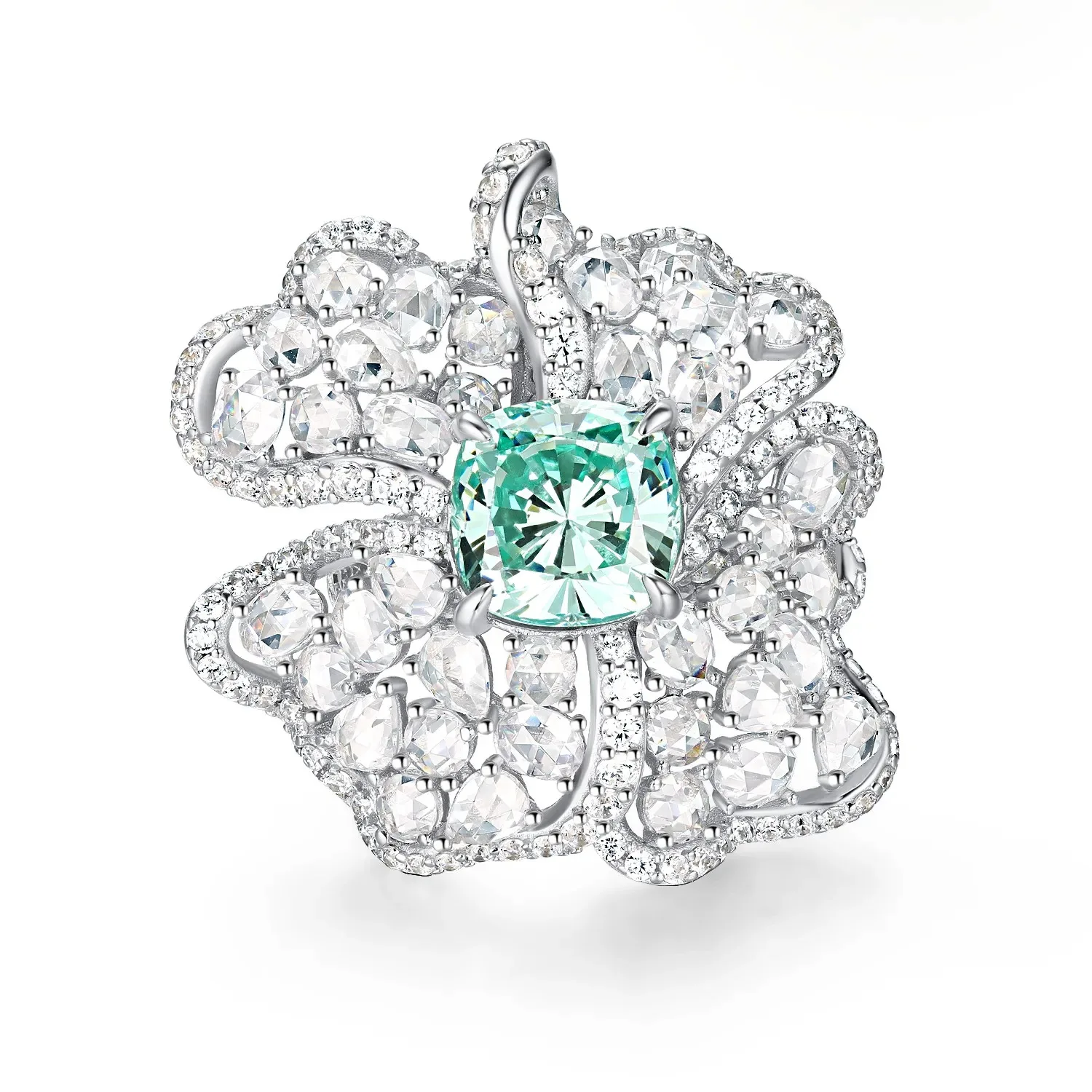 

New S925 Silver Ring High Carbon Diamond Sea Blue Treasure Paraiba Luxury Flower Girl Ring Wedding Jewelry