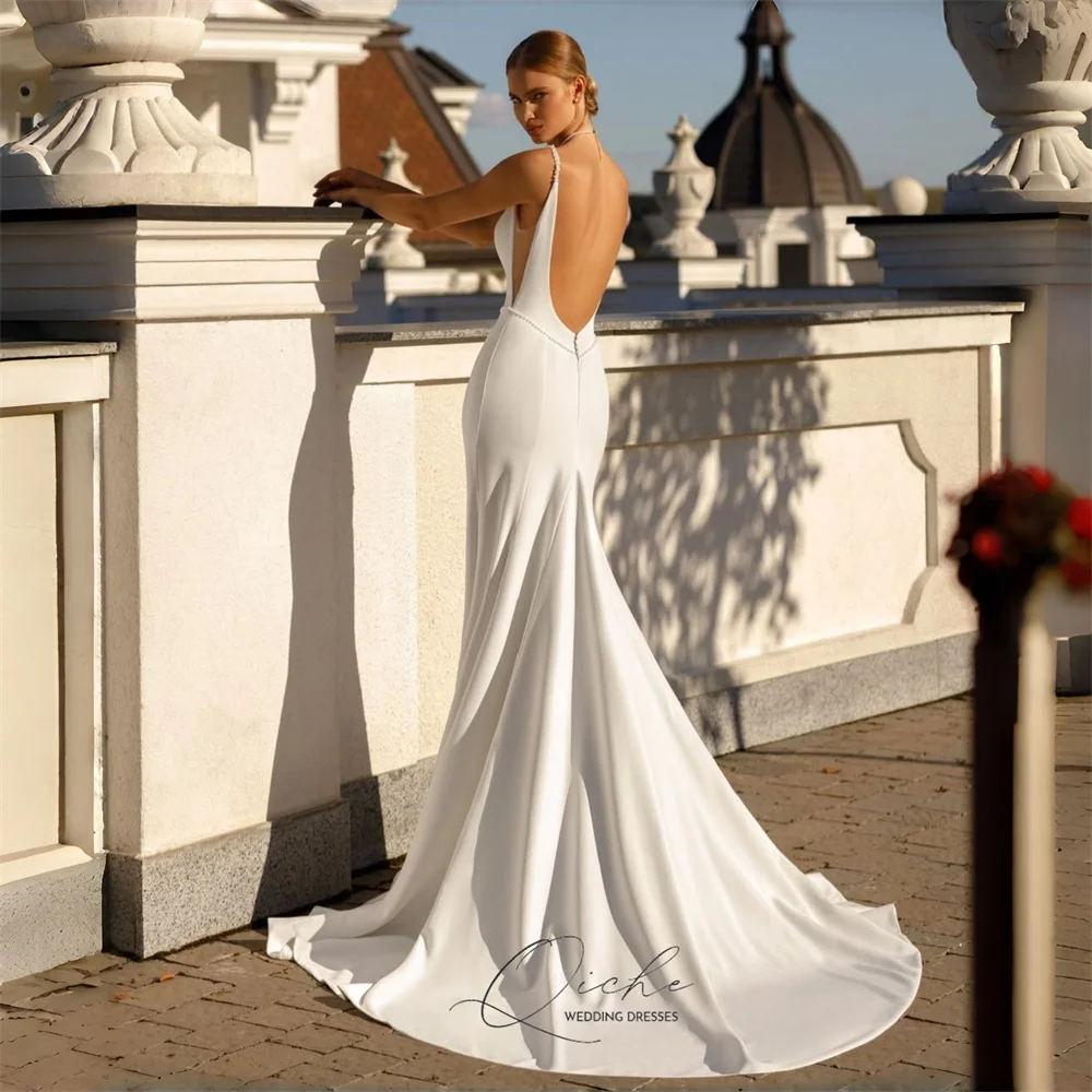 Suknie ślubne QICHE, urocze, z dekoltem w serek, o kroju syreny, na ramiączkach spaghetti, z odkrytymi plecami, suknia ślubna z peleryną, Vestidos De Novia, szyte na miarę.