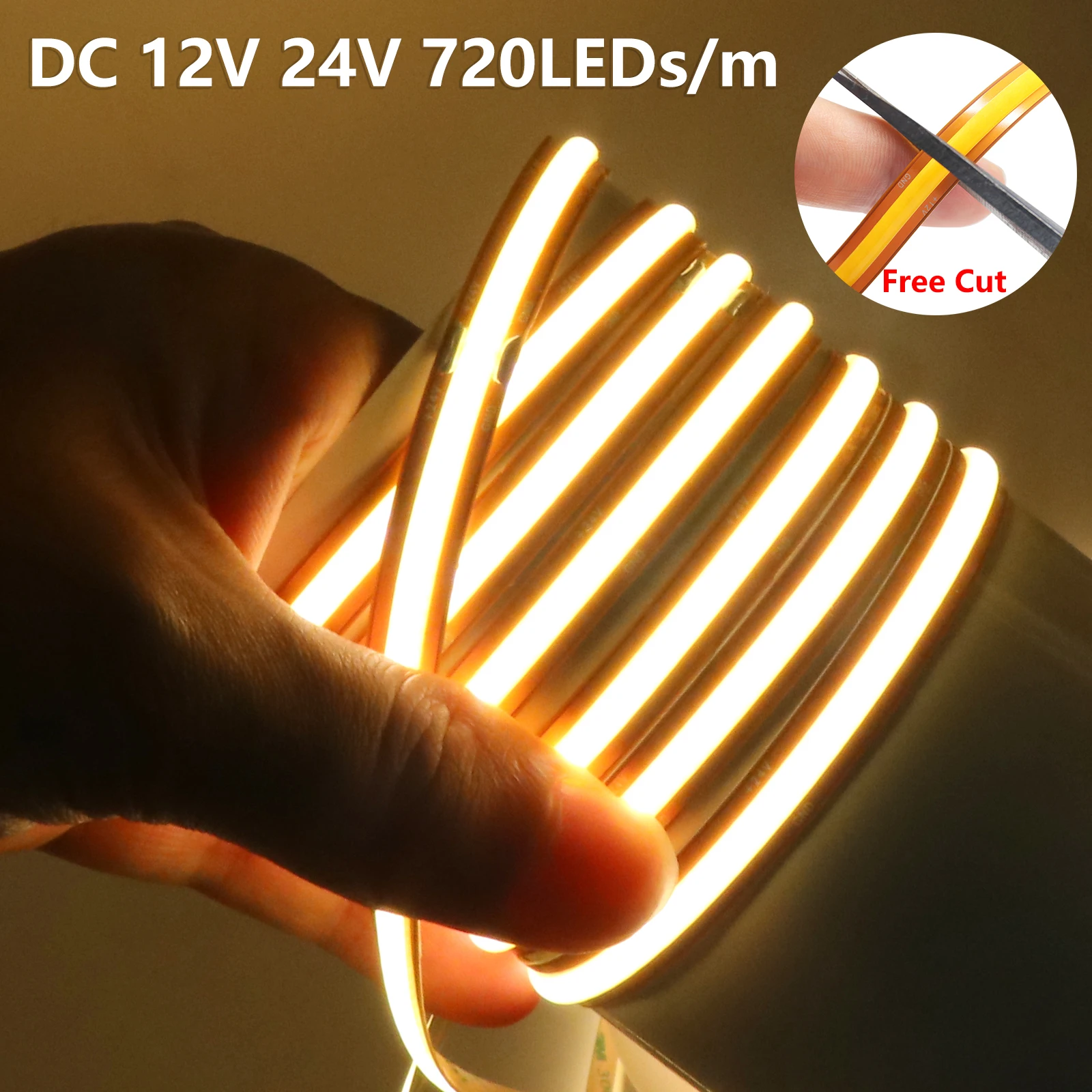 Free Cut 12V 24V 720LEDs/m COB LED Strip 8mm PCB Warm Natural White Flexible Adhesive Tape for DIY Lightbox Room Decor Lamp
