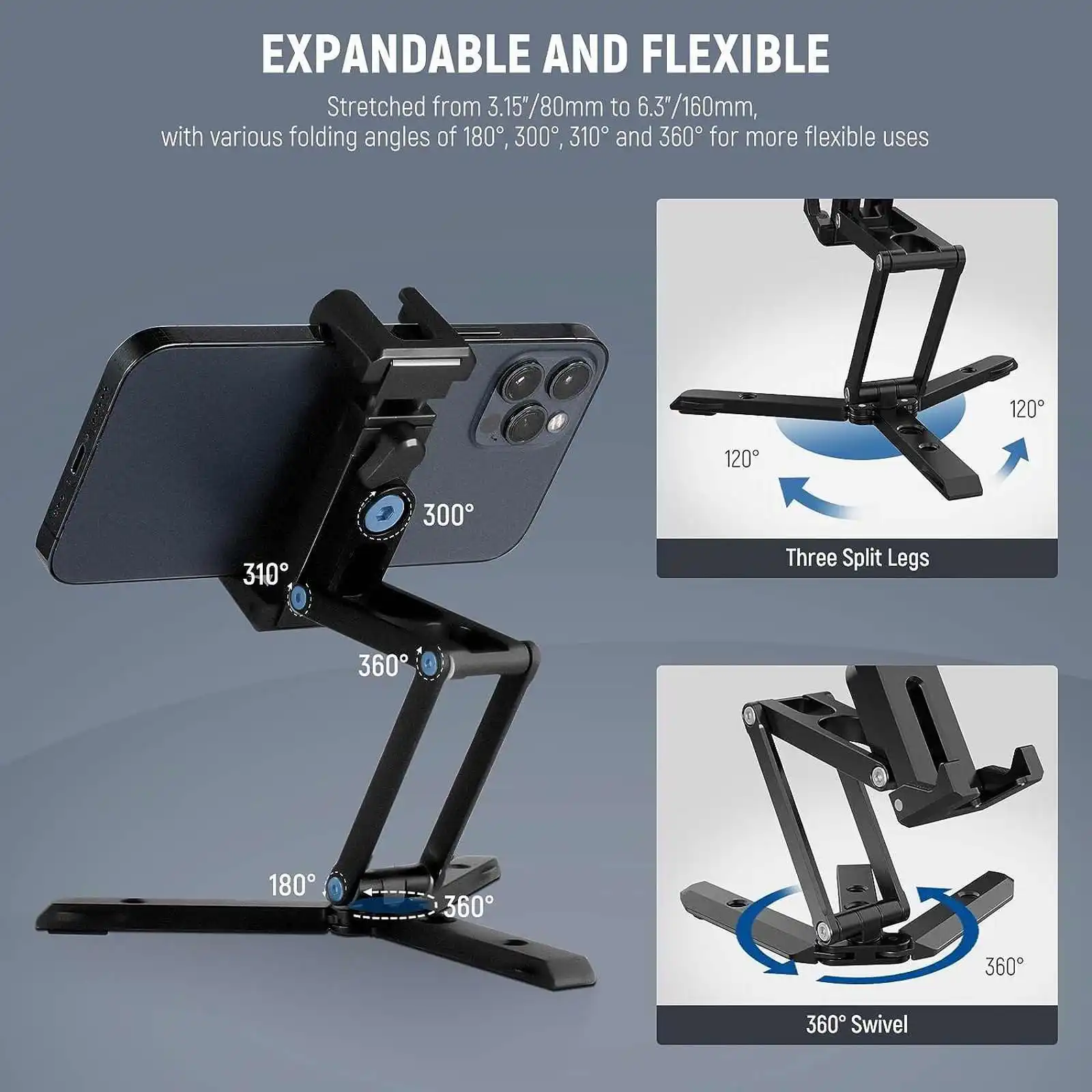 Metal Phone Clip Holder Multi Angle Tri Fold Cell Phone Holder Desktop Tripod Handheld Phone Grip for Streaming Vlogging