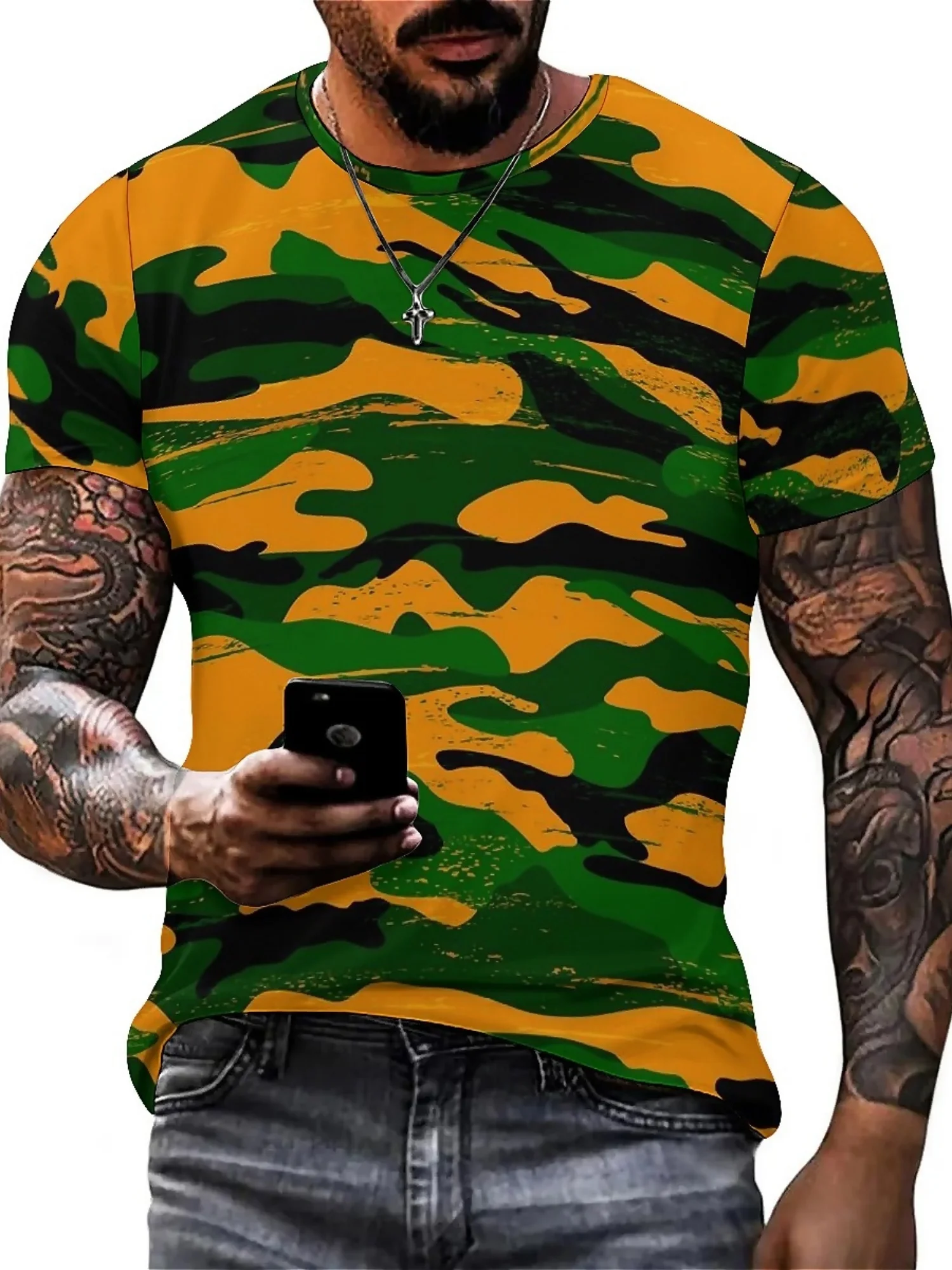 2025 الرجال والنساء ثلاثية الأبعاد مطبوعة تي شيرتات قصيرة الاكمام نابضة بالحياة هندسية التمويه نمط الرجال تي شيرت التمويه الصيد القمم