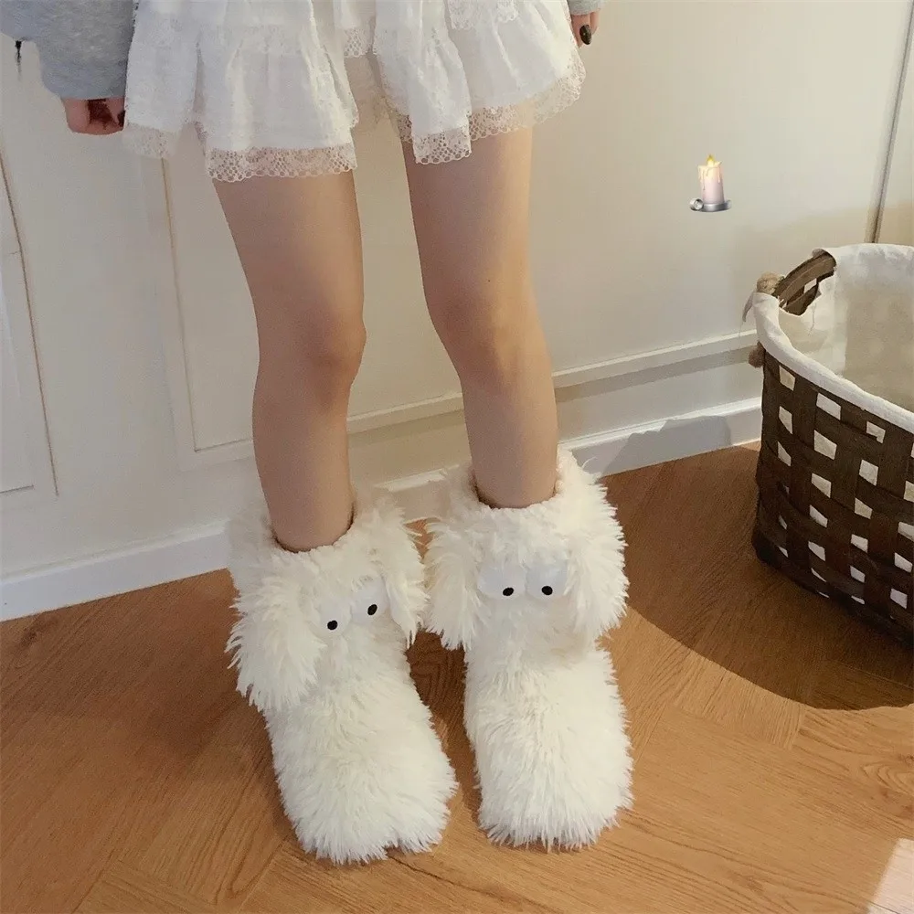 Funny Big Eyes Slipper Socks with Puppy Ears Mid-Calf Thickened Non-slip Floor Socks Warm Cartoon Coral Fleece Socks Winter