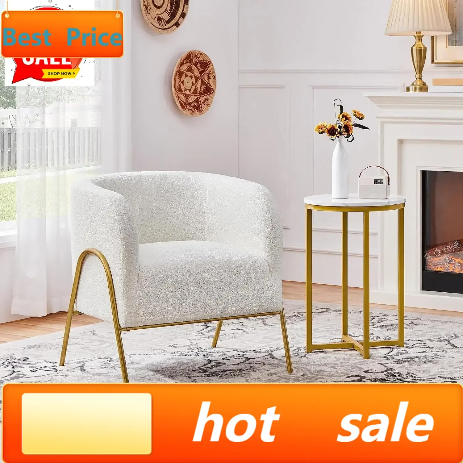 

Hot salesHot-sellingAccent Chair, Modern Barrel Chair, Boucle Fabric Vanity Chair with Golden Legs, Cozy Fuzzy Armchair for Livi