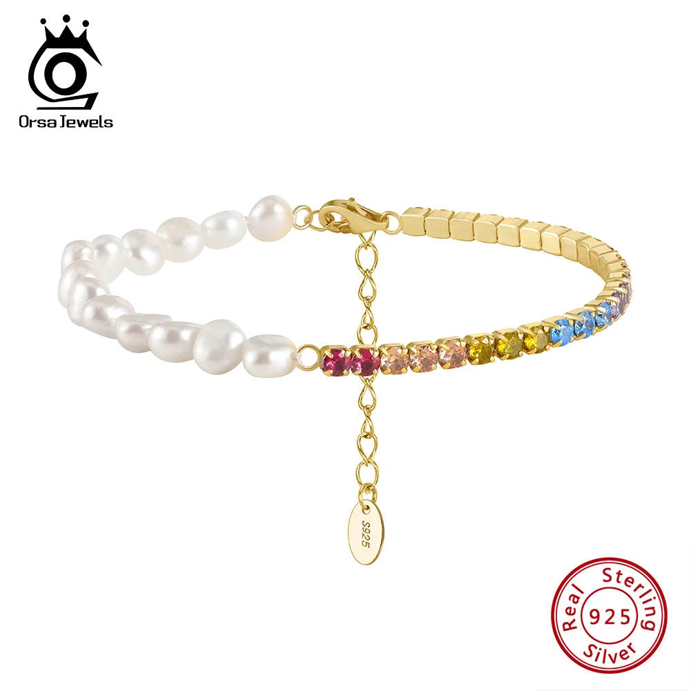 ORSA JEWELS 925 Sterling Silver Colorful 3mm Tennis Bracelet White Fresh water Baroque Pearls Chain Bracelet Lobster Clasp GPB25