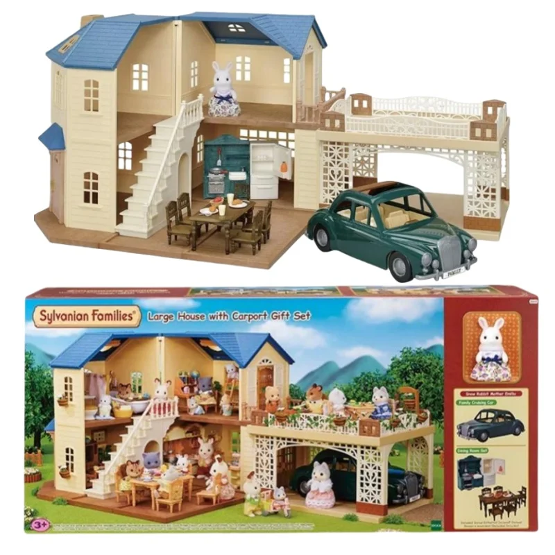 Large Original Sylvanian Large House With Carport Gift Set Anime Figures Kawaii Figure Collectible Doll Birthday Gift Kids Toys