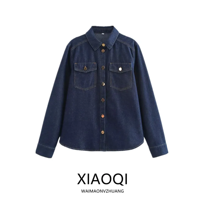 Autunno Inverno Donna Morbido Casual Lungo Colletto Sve Denim irt Versatile Design semplice Pendolarismo Sle Vestibilità ampia Lunghezza regolare