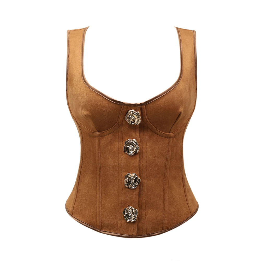 Retro Brown Suede Corset Tops Front Rose Button Decoration Gothic Shoulder Strap Bustier Vest Lace Up Slimming Boned Bodice