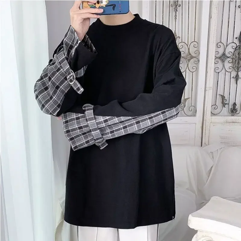 LIBIELIY Stylish O-Neck Spliced Loose Korean Plaid T-Shirt Men Clothing 2025 Spring New Casual Pullovers Long Sleeve All-match T