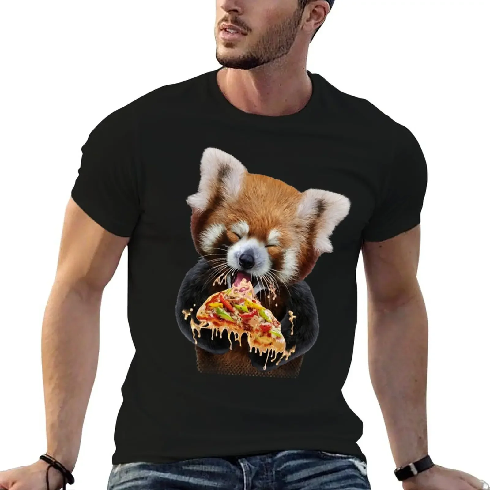 

Red Panda Devouring Pizza T-Shirt quick drying cute clothes anime t shirts plain men t shirt