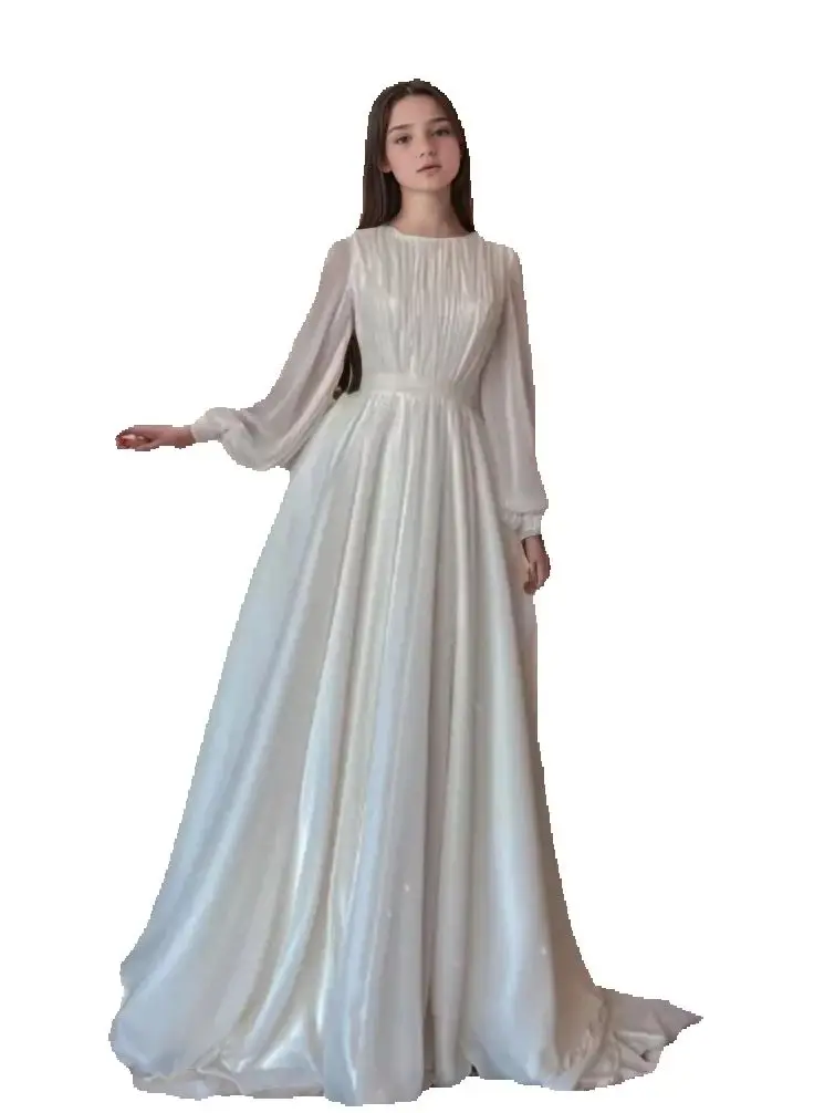 

French Chiffon Princess Fairy Long White Dress With Long Sleeves