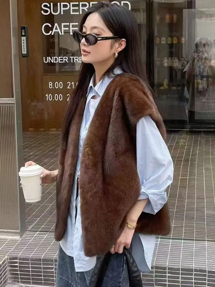 2025 outono e inverno feminino pele do falso recortado colete sem mangas feminino outerwear chique topos moda colete de pele quente