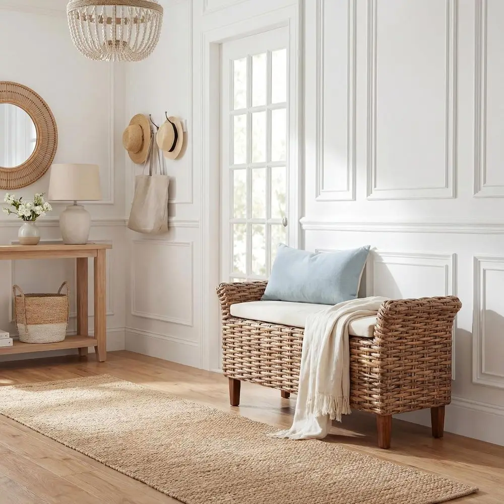 SAAVIEH urniture - Palermo Bench - White & Brown - Mango Wood - al Woven Design - Ideal or Entryway, Bedroom, Living Room (OX653