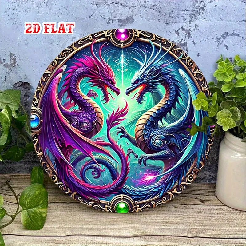 مسطح ثنائي الأبعاد، قطعة واحدة من لوحات فنية جدارية من الألومنيوم على شكل تنين أسطوري - لافتة قصدير معدنية كونية نابضة بالحياة مع إطار كريستالي، ديكور ريفي للمنزل، #3