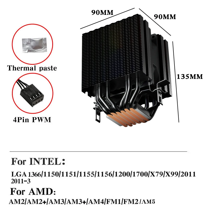 6 أنابيب الحرارة وحدة المعالجة المركزية مبرد الهواء 4 دبوس PWM RGB الأسود PC مروحة التبريد هادئة إنتل LGA 1700 2011 1200 1156 X79 X99 1366 AMD AM4 AM3 AM5