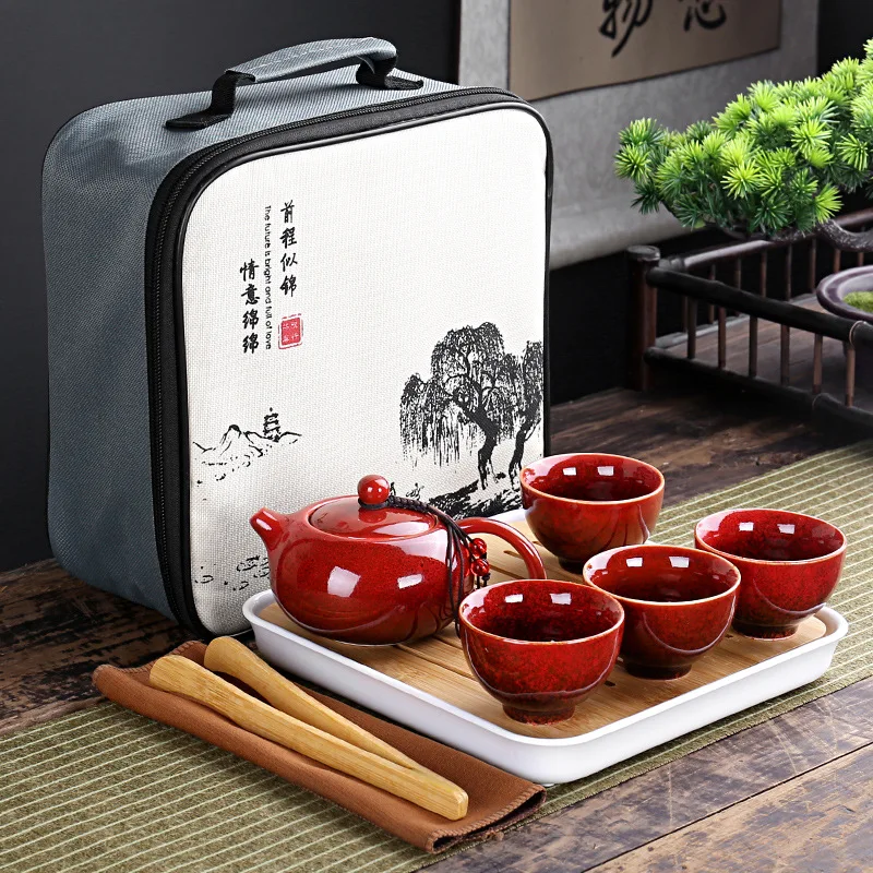 Ceramic Portable Tea Set With Travelling Bag 4 Cups Chinese Kung Fu Tea Set Travel Set Teapot Porcelain Teaset Gaiwan Tea Cups