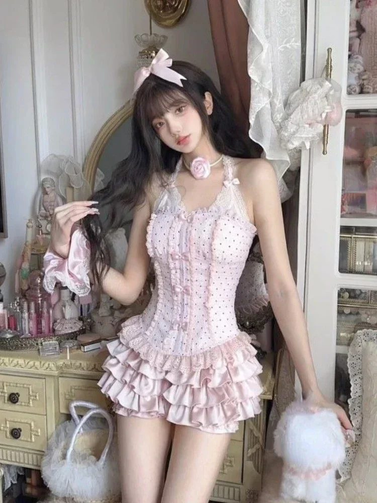 Japanese Lolita Sweet 2 Piece Set Women Kawaii Bow Lace Halter Neck Tops +Mini Cake Skirts Female Princess Fashion Y2k Clothing