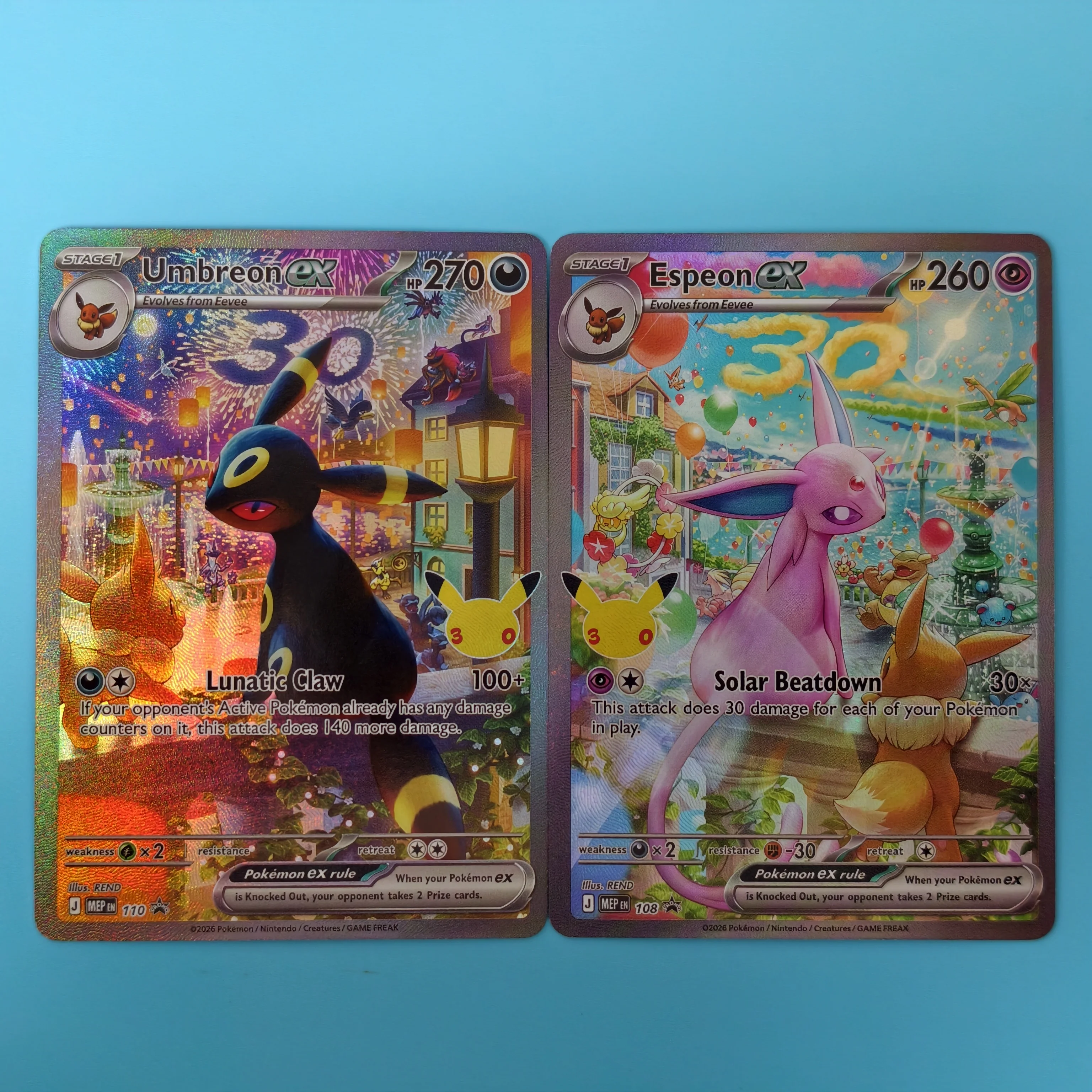 Proxy TCG 30Th Anniversary Umbreon Espeon Ex 2Pcs English Set Card Rainbow Holo PKM Replica Cards Game Anime Card