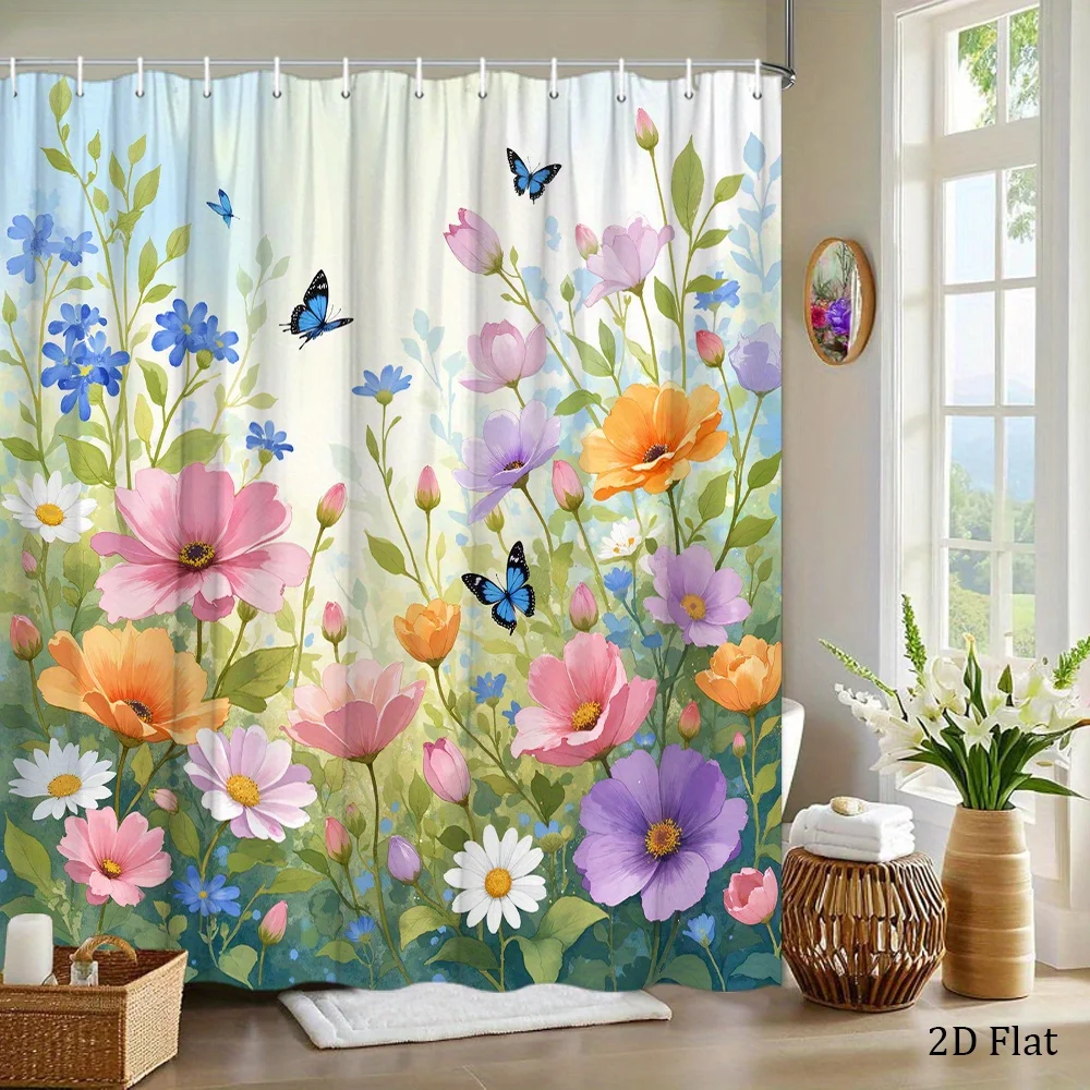 1pc a Vibrant Shower Curtain Featuring Butterflies And Flowers, Made of Polyester, Complete with 12 Hooks, Measuring 70 by 70 In
