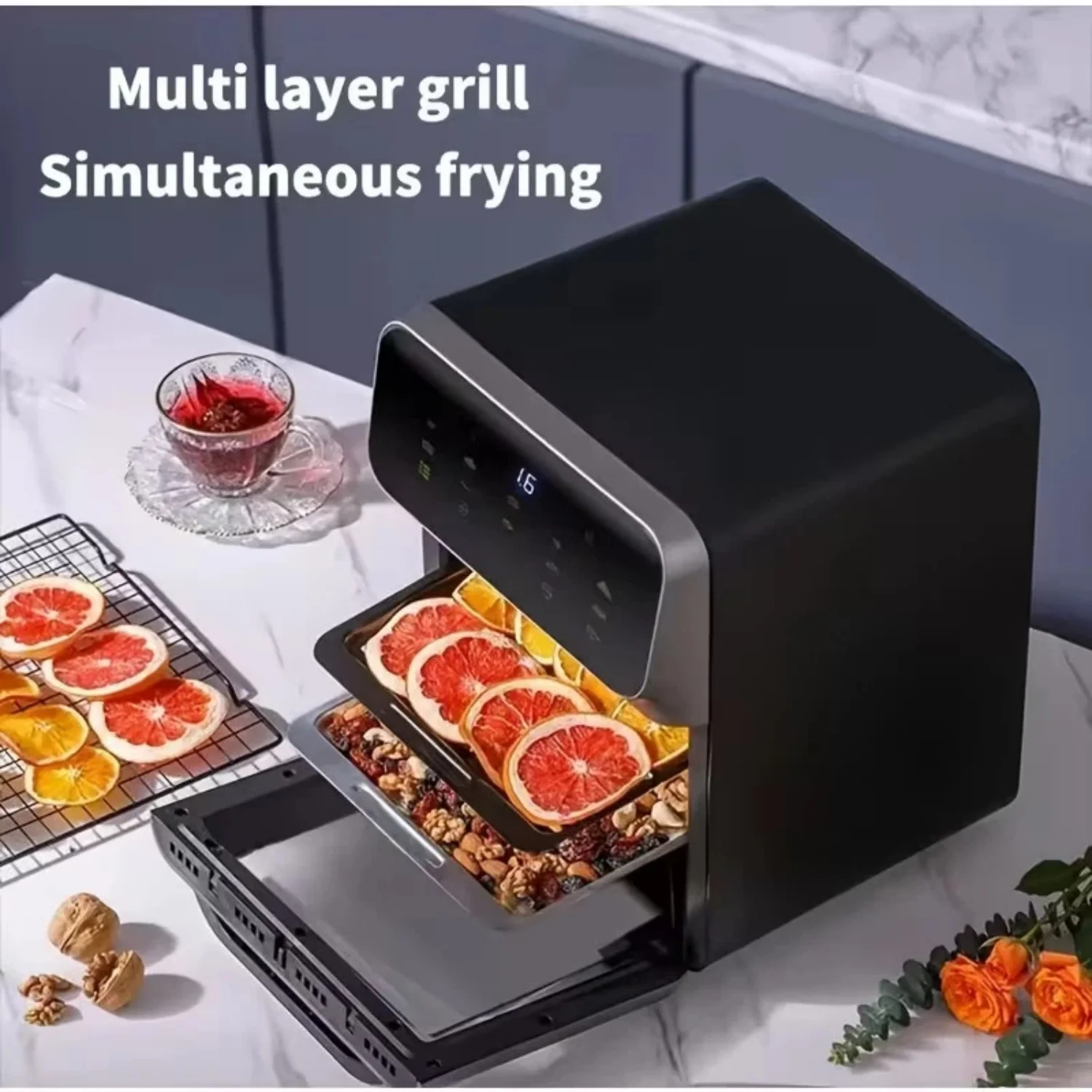 11.5QT 10-in-1 Multifunctional Air Fryer Toaster Combination, Baking, Reheating, No Deep Frying, Stainless Steel, LED Digital Touch Screen, Visible Window, Healthy Cooking