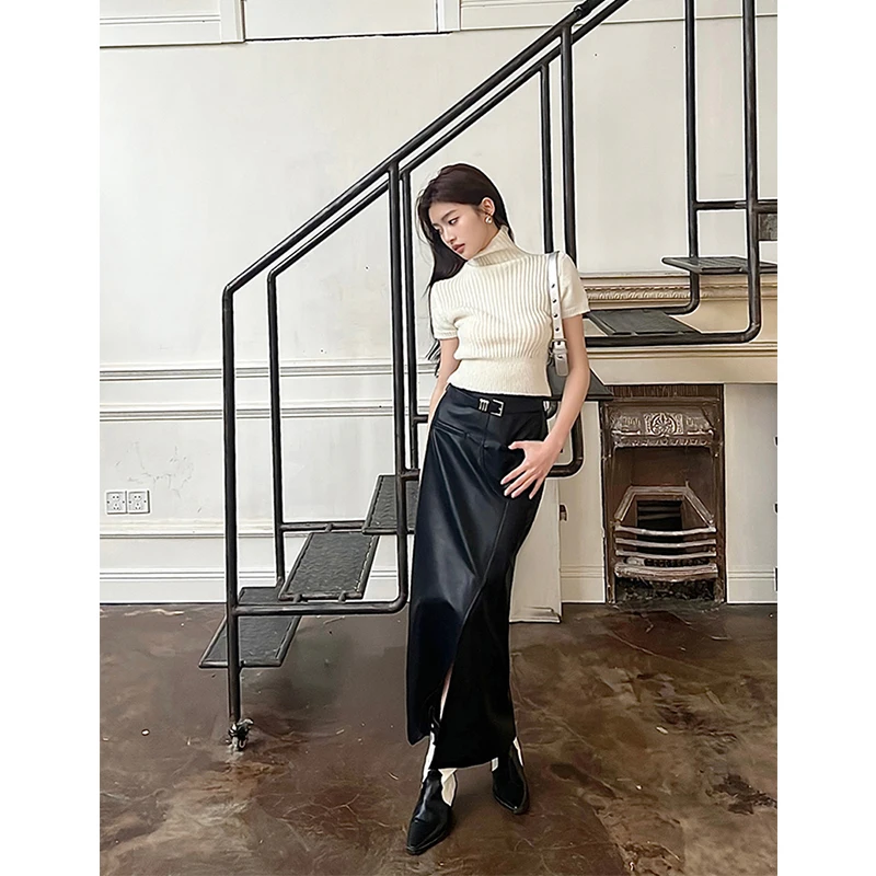 Vintage Pu Leather Midi Skirt Women Streetwear Sexy Slit Black Skirts Y2K 2000S Korean High Waist Split Slim A Line Skirt New