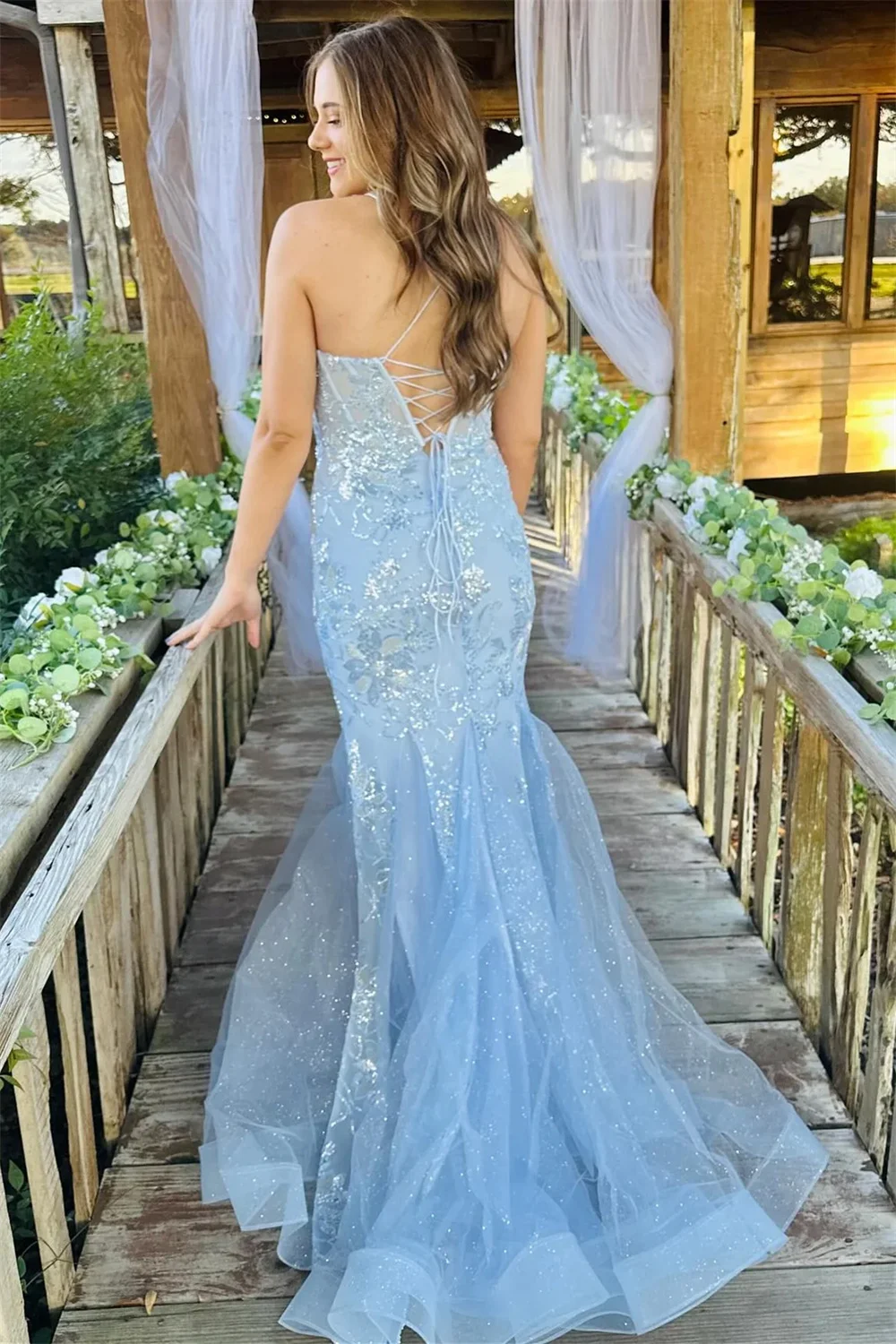 Jessica Light Blue Glitter Sequins Prom Dresses Embroidered Tulle Mermaid Evening Dresses Corset Cocktail Dresses Party Dress