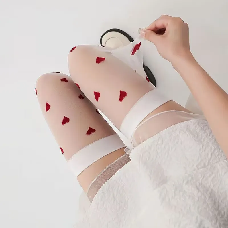 Lolita weiße ästhetische Overknee-Mädchen-JK-Socken – Kawaii rotes Herz bestickte Oberschenkelstrümpfe für Frauen, süße Strumpfhosen