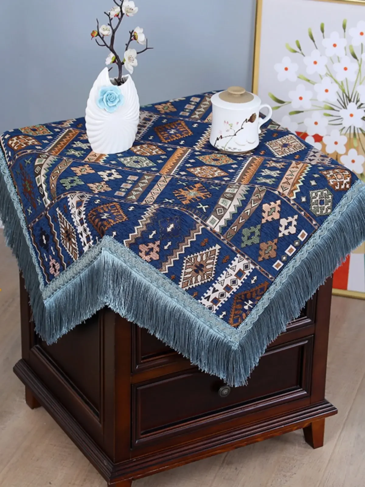 American-style Retro Tassel Embroidery Bedside Table Cover Luxury Multi-purpose Dust-proof Protective Cover Square Tablecloth