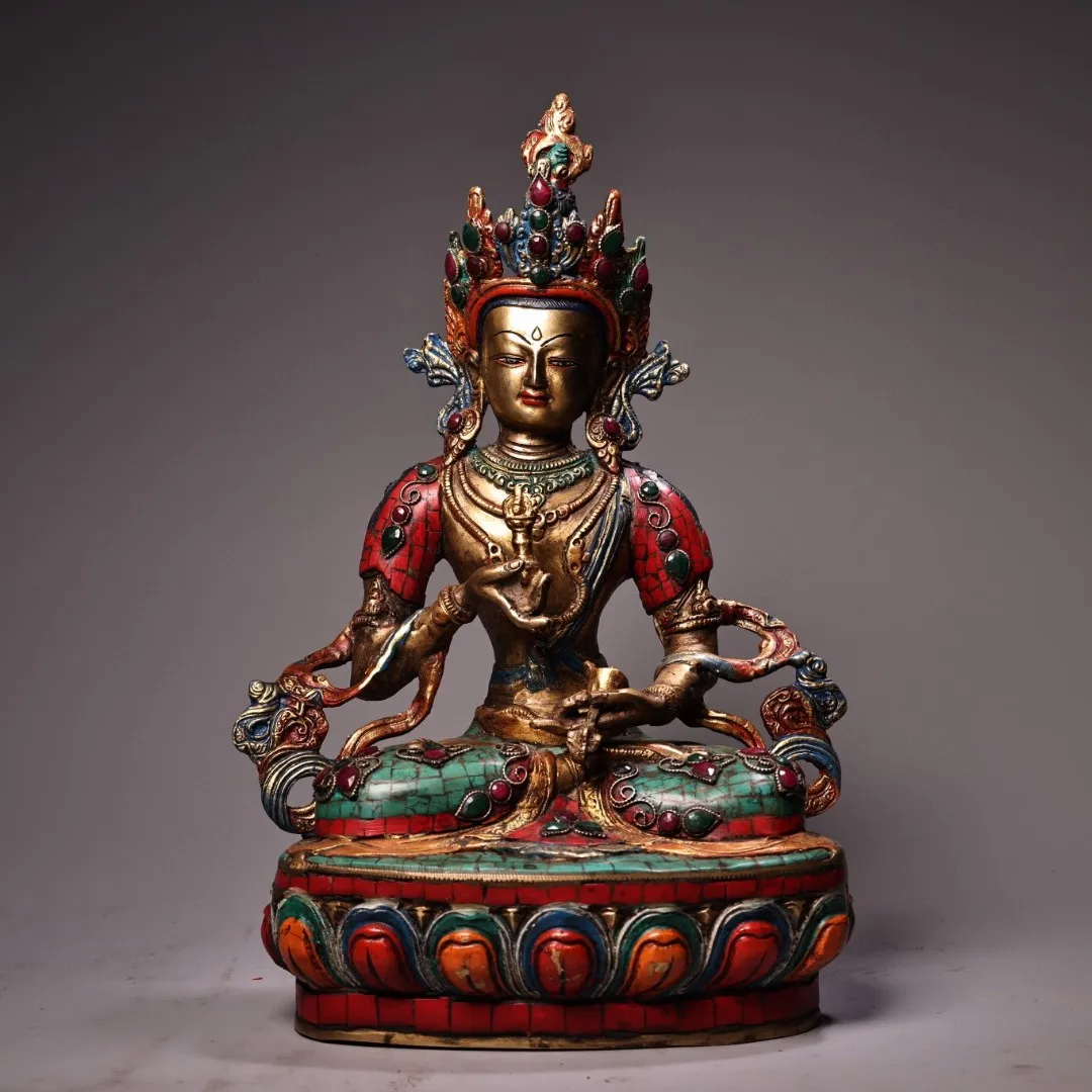 

Tibetan brass gilt painted face inlaid with precious stones Vajrasattva Tara Guanyin Home Hall Supplies Ornament 30cm