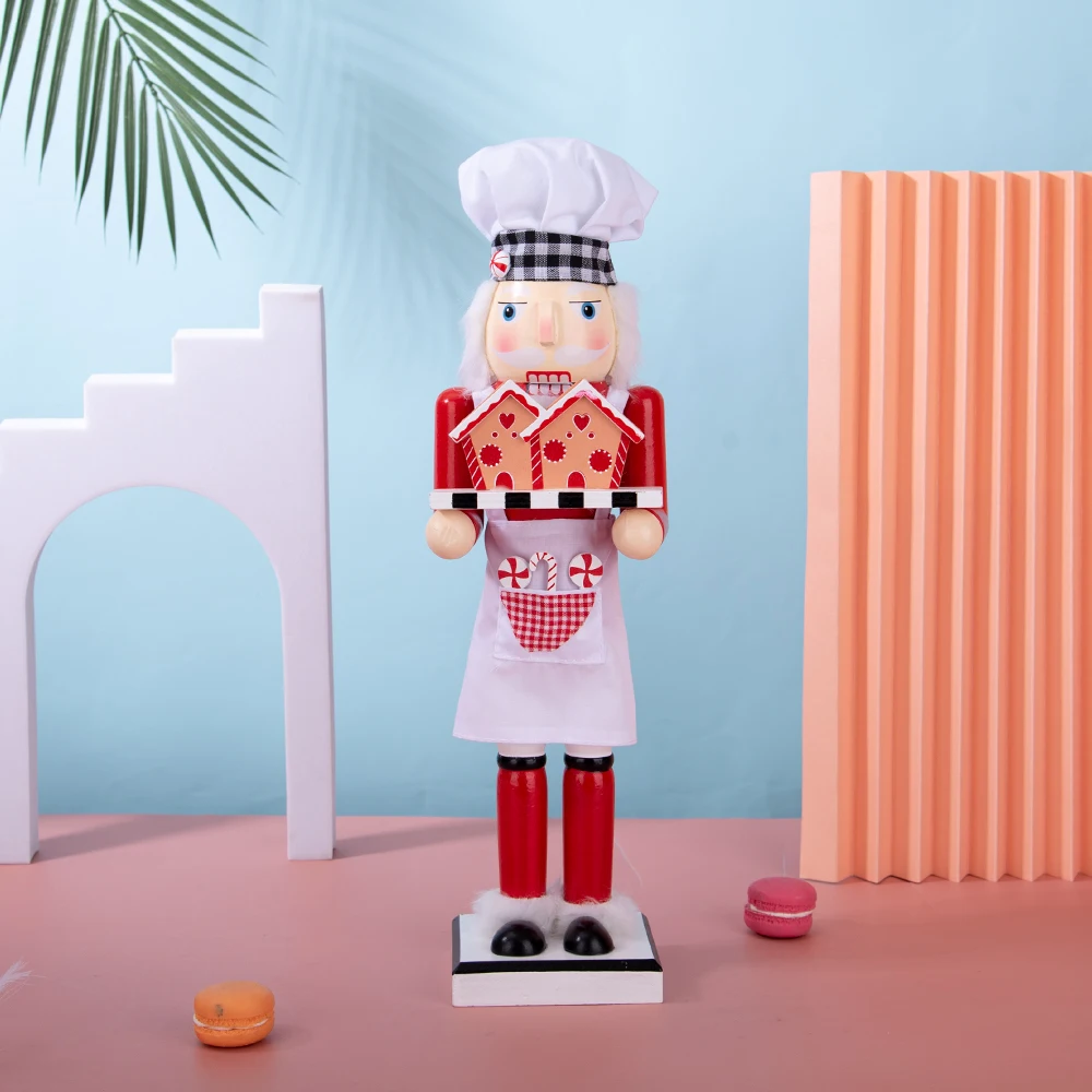 38CM Chef Building Nutcracker Puppet Wooden Handicraft Soldier Christmas Santa Claus Statue Desktop Ornament Navidad Home Decor