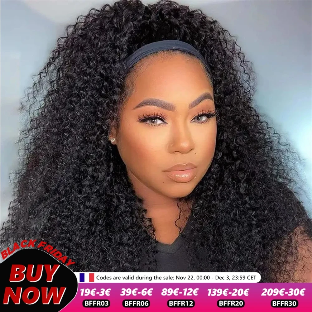 Curly Brazilian Human Hair Headband Wig Kinky Curly Machine Made Wigs For Black Women 180% Density Wigs With Head Band