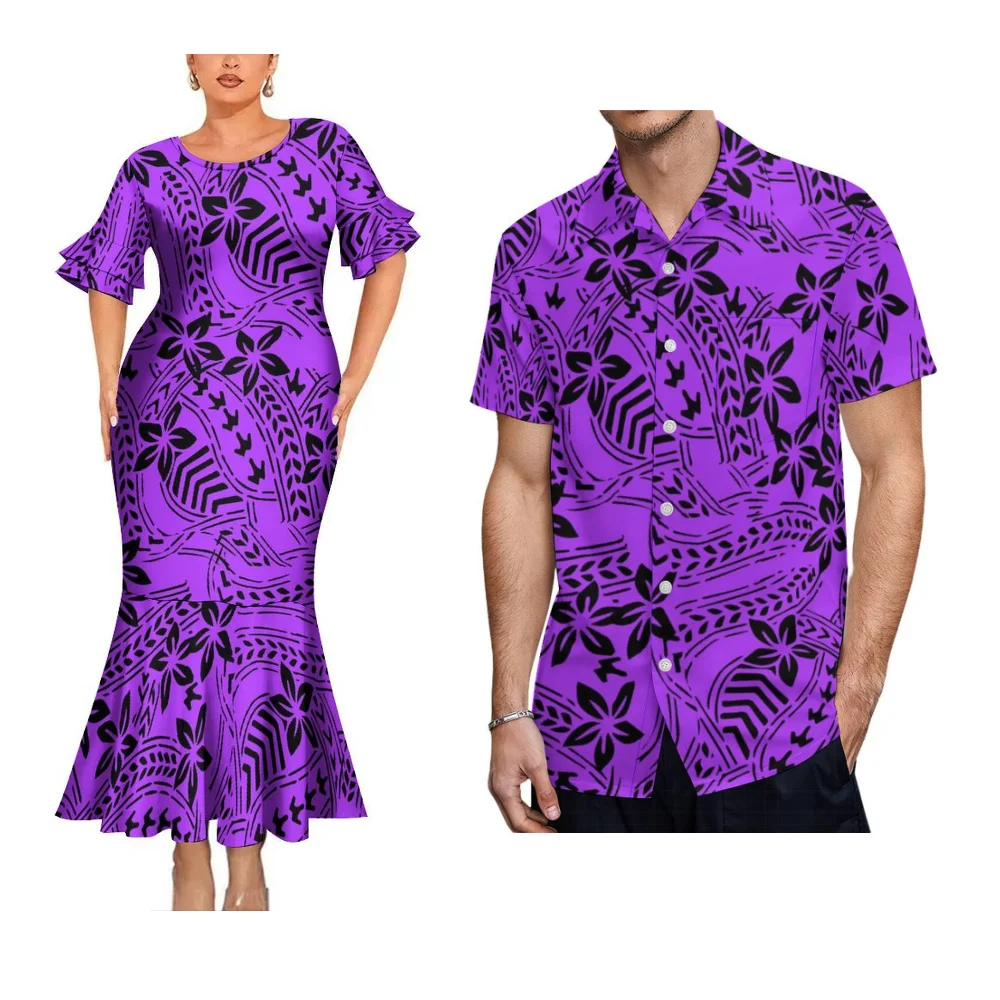 Set di coppia in stile isola con stampa floreale hawaiana, design artistico samoano, abito a coda di pesce da donna e camicia da uomo con stampa artistica dell'Isola del Pacifico