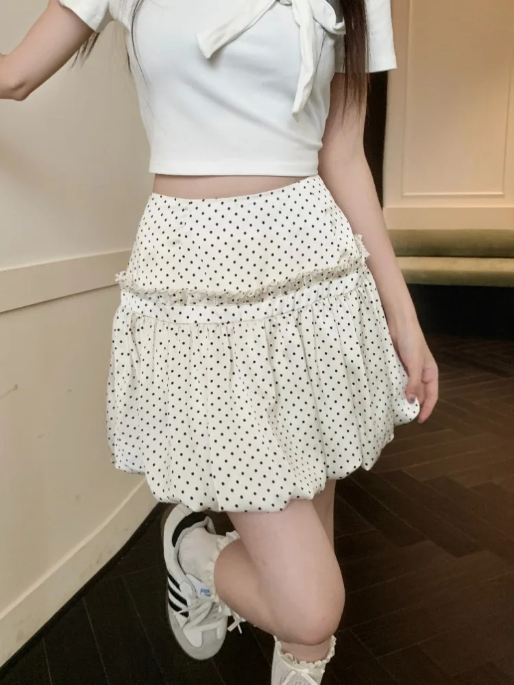 ADAgirl Kawaii Dot Print Flower Bud Skirts for Women High Waist Folds  A-line Mini Skirt Summer Fashion Cutecore Female Clothes