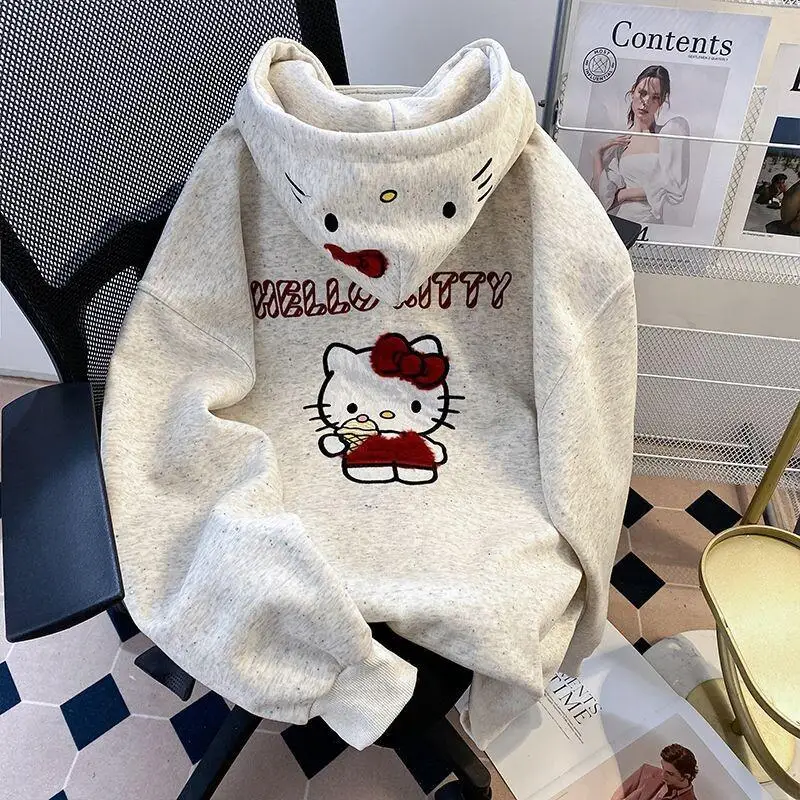 

Женский кардиган Sanrio Hello Kitty с вышивкой, хлопковая смесь, для полных, ранняя осень, уникальный, милый, свободный крой