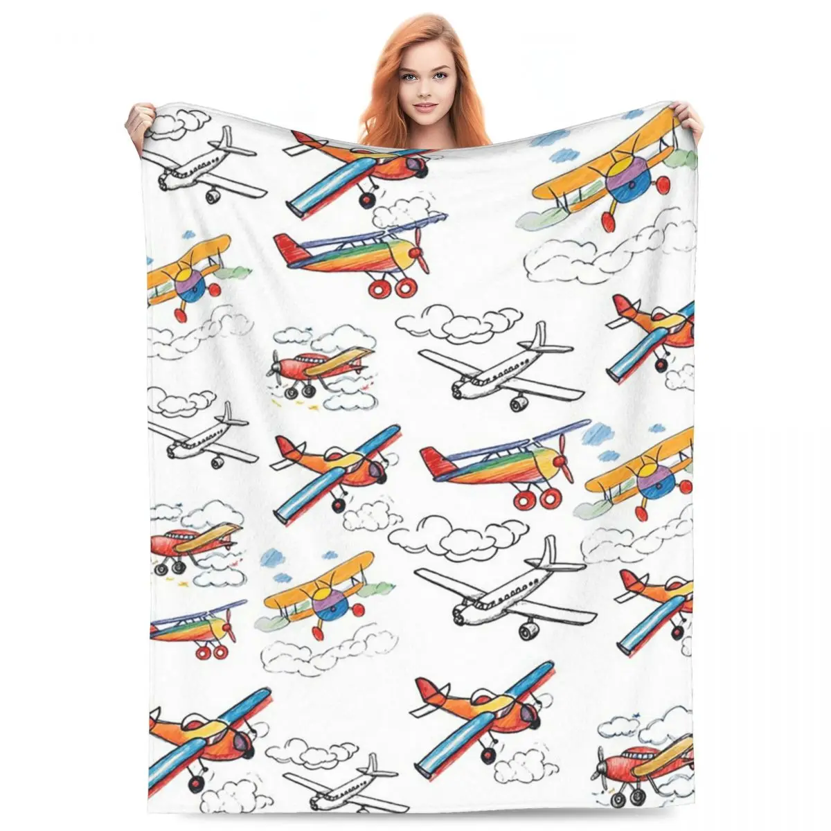 Colorful Nostalgic Airplanes Pattern Aviation Enthusiast Blankets  Throw Blanket Breathable  Bedroom Throws Bedspread Quilt