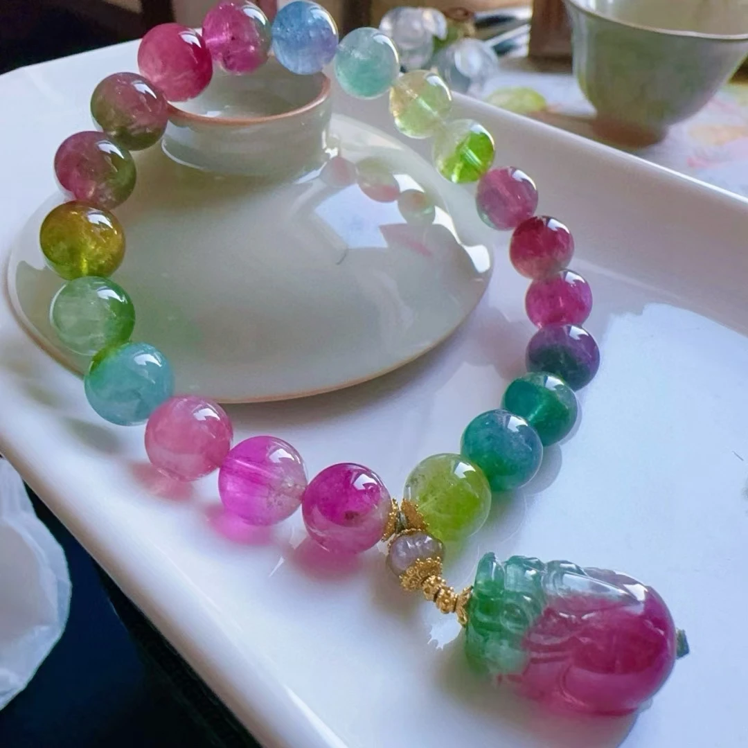 

Natural Red Tourmaline Clear Round Beads Bracelet 9mm Pi Xiu Pendant Red Blue Tourmaline Women Men Jewelry AAAAAAA
