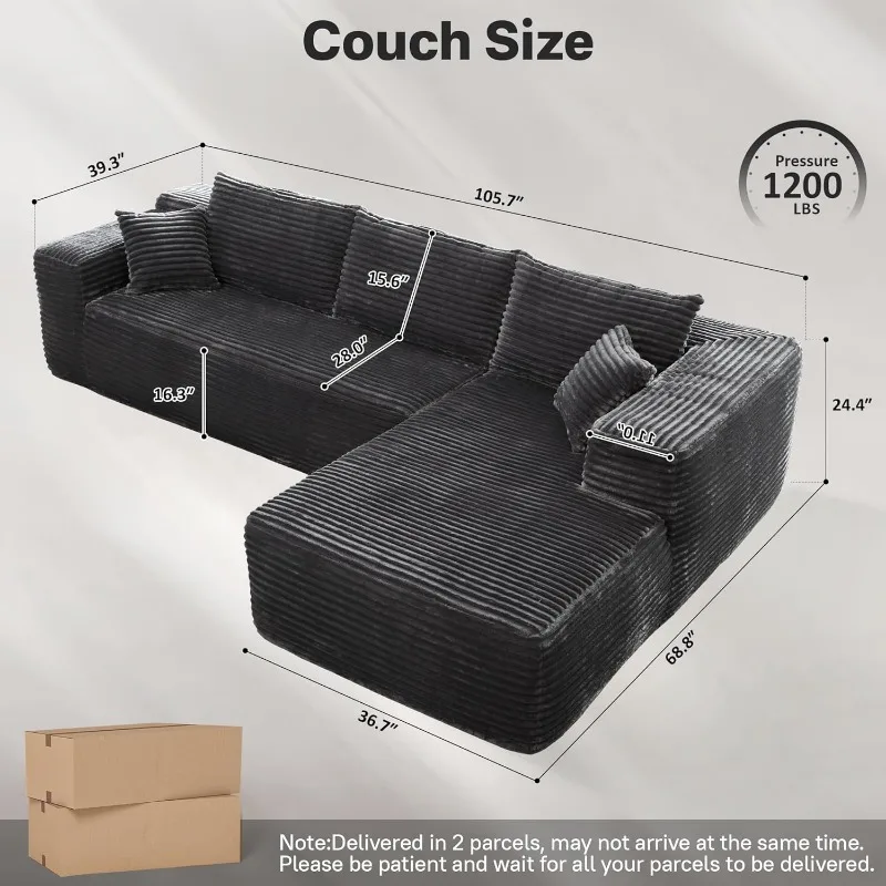 104-inch Cloudy Split L-shaped Sofa, No Assembly Required, Modular Sofa with Deep Seat, Fluffy Sofa with Sleeper Recliner